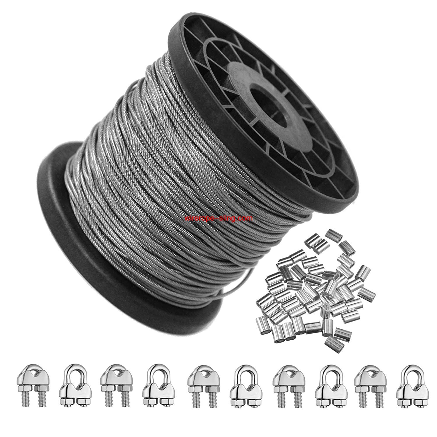 Kit de alambre recubierto de vinilo de 1 / 16 pulgadas, alambre de acero inoxidable 304 de 330 pies con 50 anillos de aluminio y 10 abrazaderas